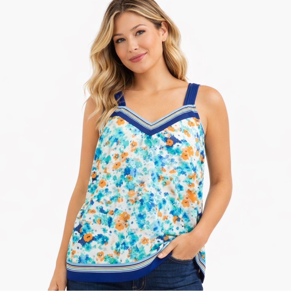Lauren Conrad Blue Floral Chiffon Tank With Stripe Cross Back Size Mefium